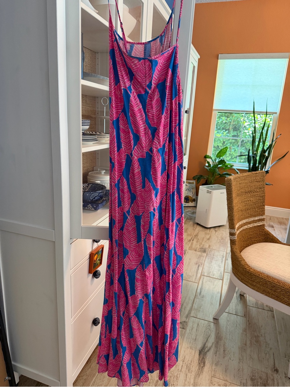 Vineyard Vines Pink and Blue Leaf-Print Maxi linen Dress 14